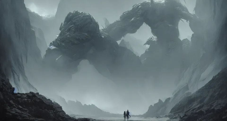 Image similar to a giant monster with many limbs crawling across a misty mountainous landscape, dramatic lighting, illustration by francois baranger, greg rutkowski, yoji shinkawa, 4 k, digital art, concept art, trending on artstation