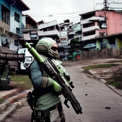 Prompt: aliens invaded favela with heavy guns