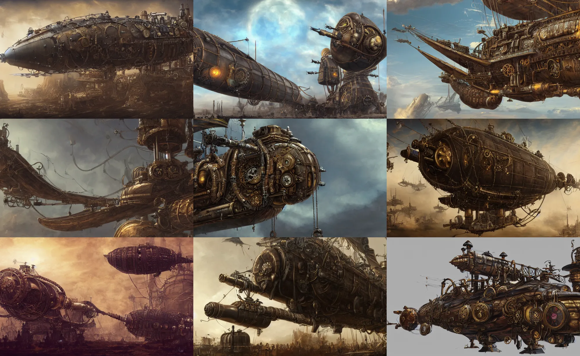 Prompt: close up of a steampunk airship equipped with cannons and artillery, digital art, trending on artstation, 4 k