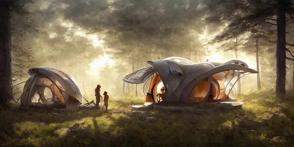 Image similar to cabela's tent futuristic pop up family pod, cabin, modular, person in foreground, mountainous forested wilderness open fields, beautiful views, painterly concept art, joanna gaines, environmental concept art, farmhouse, magnolia, concept art illustration by ross tran, by james gurney, by craig mullins, by greg rutkowski trending on artstation