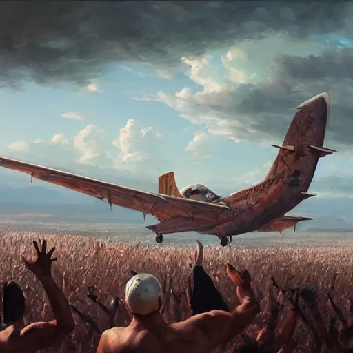 Prompt: tribal worshippers raise their hands as a plane in the distance lands, epic scene, cinematic lighting, photorealistic, historical documentary, by greg rutkowski, by asher duran