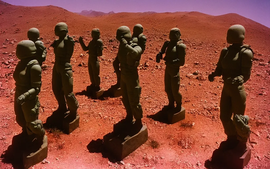 Prompt: in a dusty red desert with statues of hands, a team of five future soldiers in dark green tactical gear like death stranding hike. They 're afraid. mid day, heat shimmering, color, 35mm film photography