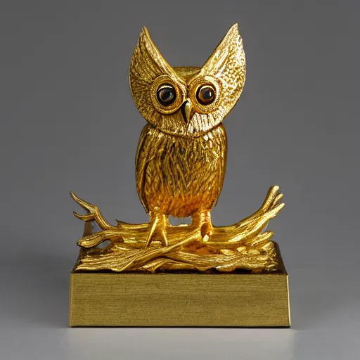 Image similar to A golden statuette of an owl. White Background.