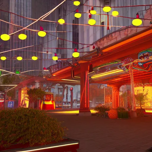 Image similar to Downtown Mexico, string lights, colorful lighting, night, unreal engine 5 tech demo, octane render, by Tooth Wu, by 'Frank Lloyd Wright