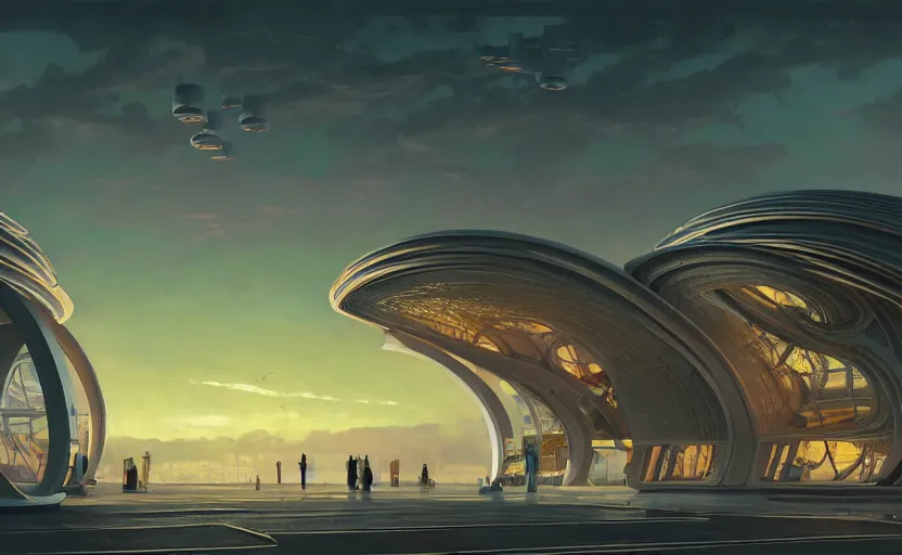 Prompt: exterior shot of utopian architecture airport with cinematic lighting by zaha hadid and renzo piano, darek zabrocki and greg ruthkowski, alphonse mucha, simon stalenhag, cinematic, holy place, paradise, scifi, futurism, atmospheric, sunset, concept art, artstation, trending on artstation