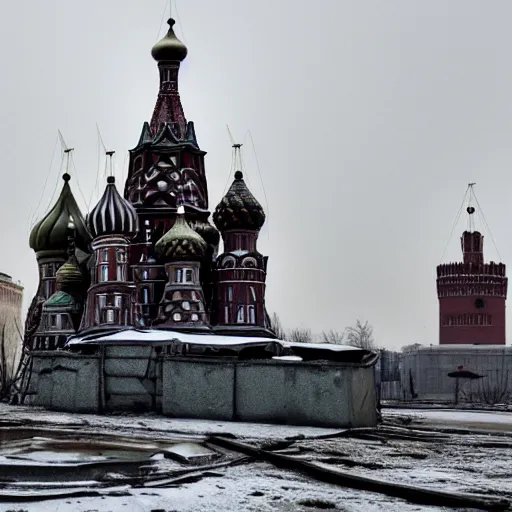 Image similar to A photo of post-apocalyptic Kremlin after the nuclear explosion in Moscow, 4k