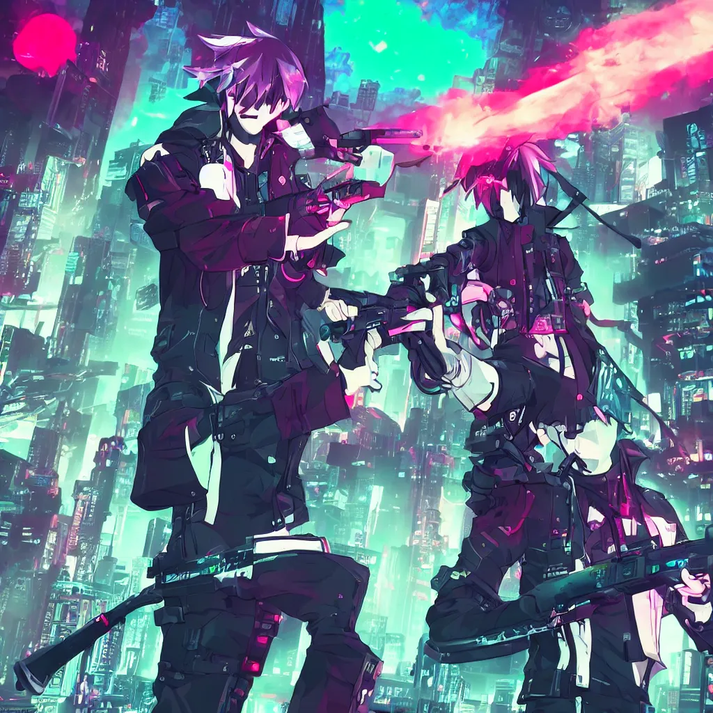 Prompt: Reaper (The World Ends With You) holding gun, cyberpunk aesthetic, city skyline on background, neon lights, glow, retrowave style