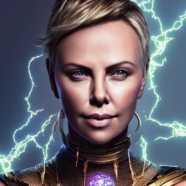 Image similar to portrait of ((Charlize Theron)), wearing The Infinity stones. SNAP. intricate artwork. octane render, trending on artstation, very coherent symmetrical artwork. avengers. thanos. cinematic, hyper realism, high detail, octane render, 8k, iridescent accents