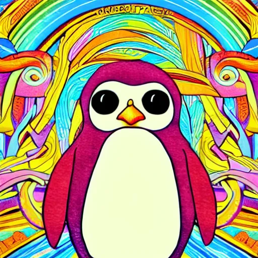 Prompt: portrait friendly cute happy stylish realistic rainbow penguin. background in the style of art nouveau. lively. colorful. hd.