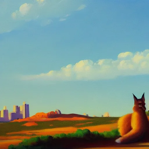 Prompt: a very detailed painting of giant cute fluffy caracal, blue sky with very aesthetic stylized clouds, there is a city with futuristic buildings in the back, there are blue mountains in the back, in the style of edward hopper and hugo pondz, very fine brushstrokes, 4 k,