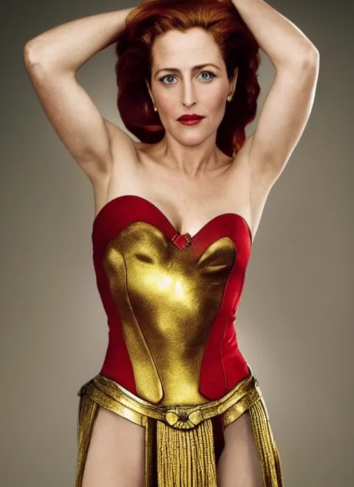 Image similar to full length photo of a gorgeous Gillian Anderson dressed as wonder woman by Mario Testino, detailed, head shot, award winning, Sony a7R