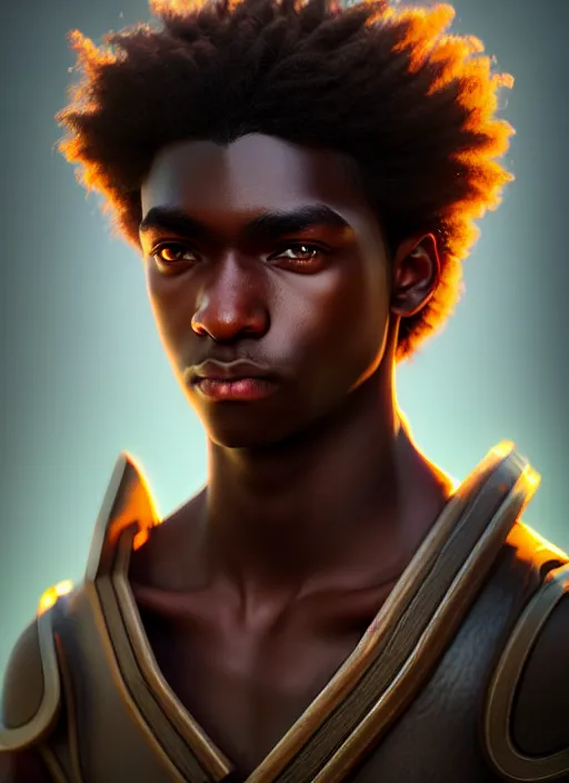 Image similar to An epic fantasy comic book style portrait painting of a young dark skinned long haired boy peasant with intelligent eyes, unreal 5, DAZ, hyperrealistic, octane render, cosplay, RPG portrait, dynamic lighting