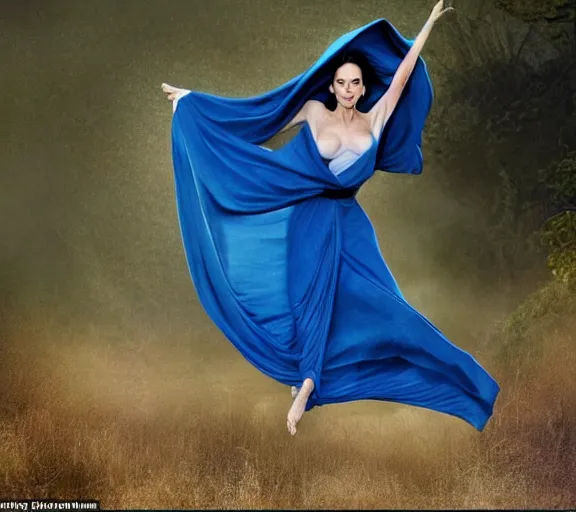 Prompt: beautiful astonishing angelina jolie as a mystical creature with beautiful body shape wearing a magic blue blanket and flying through the air