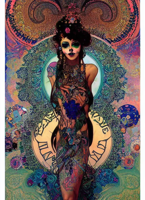 Prompt: psychedelic poster art of a cute punk goth fashion fractal Día de los Muertos tattooed girl posing by Victor Moscoso Rick Griffin Alphonse Mucha Gustav Klimt Ayami Kojima Amano Charlie Bowater, masterpiece