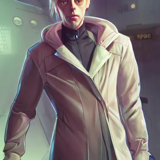 Prompt: beautiful portrait commission of a cute steve buscemi casual clothes in a futuristic mechanical laboratory coat. blonde hair. Green Eyes. character design by charlie bowater, ross tran, artgerm, and makoto shinkai, detailed, inked, western comic book art