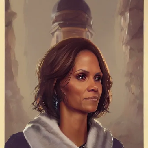 Image similar to portrait of maci holloway, first woman elected as president in usa, cold but beautiful, about 3 5 years old, highly detailed, mix of halle berry and julia roberts, artstation hd, deviantart, by artgem, greg rutkowski