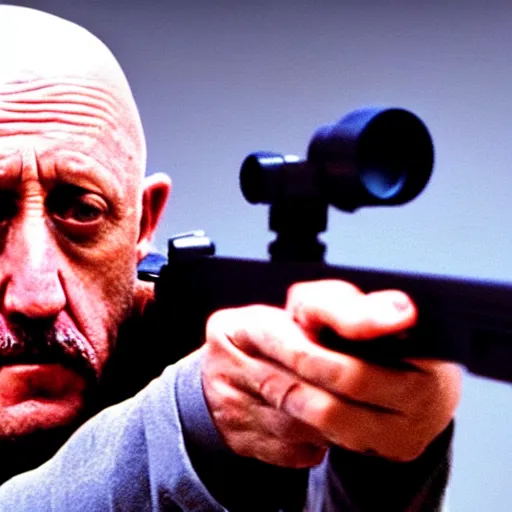 Image similar to Film still of Mike Ehrmantraut aiming with a !!!!!sniper rifle!!!!!, 4k, !!!!highly detailed!!!!