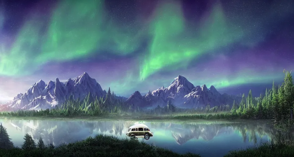 Image similar to An epic fantasy style landscape painting of a Mountainrange and a lake, with a starry sky and breathtaking aurora and a beige Volkswagen Caddy Campervan 4x4, unreal 5, DAZ, hyperrealistic, octane render, volumetric clouds dynamic lighting