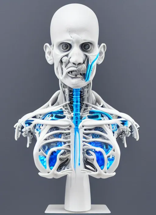 Image similar to a bust sculpture of anatomical detailed cyborg, blue blood ceramic base, orthographic, studio lighting