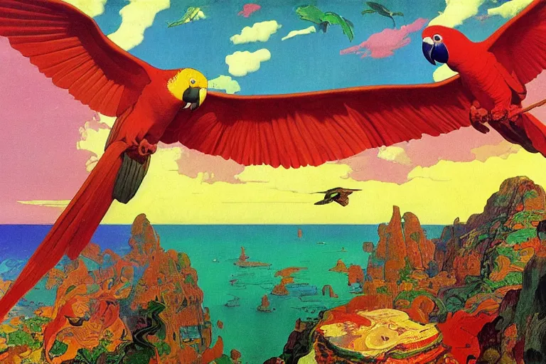 Prompt: colourful parrot flying over a tropical island, fluid, smooth, bright, colours, high contrast, sharpness, very detailed, intricate, by dali, magritte, edvard munch, da vinci, donato giancola, richard corben, zdzisław beksinski, moebius, francis bacon, studio ghibli, mucha and studio disney