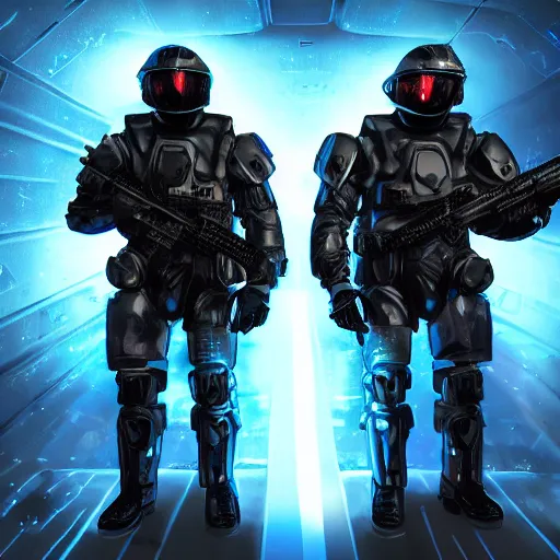 Prompt: Two soldiers with blue laser rifles wearing black power armour with blue sprites and full helmets with blue visors, night, rain, water drops on the lense, a complicated chrome-plated spaceship with blue lights in the background, realistic 4k octane beautifully detailed render, 4k post-processing, highly detailed, intricate complexity, epic composition, magical atmosphere, cinematic lighting, masterpiece, ultra hd