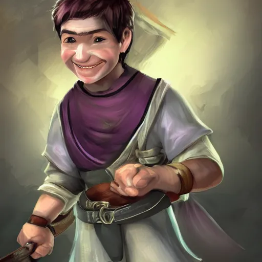 Image similar to duergar male child character portrait with pale purple skin, shabby clothes, leather pouch, wielding kitchen knife, smiling, youthful, dungeons and dragons, digital art