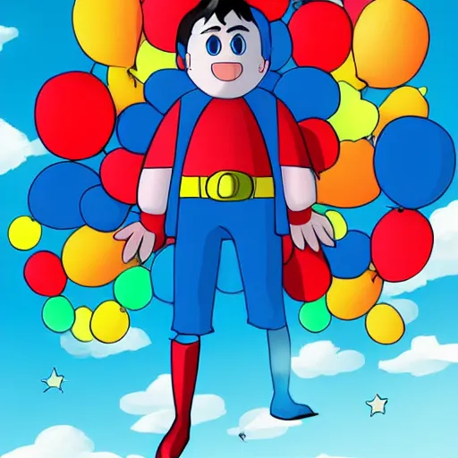 Prompt: balloon man super hero in a city sky, in the style of studio ghibli