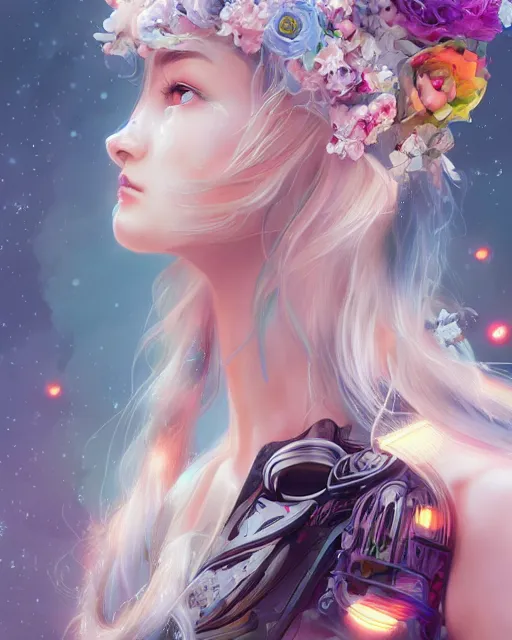 Prompt: kind cyborg girl with flowers, elegant, scifi, futuristic, utopia, garden, colorful, long white hair, unique, vibrant, dreamy, lee ji - eun, illustration, atmosphere, top lighting, blue eyes, focused, artstation, highly detailed, art by yuhong ding and chengwei pan and serafleur and ina wong
