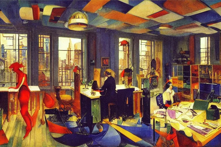 Image similar to a busy office, glowing with silver light, color by Franz Marc, highly detailed architecture by Jean-Léon Gérôme, by Winsor McCay, today's featured photograph, 16K