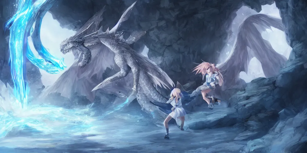 Prompt: fight scene of a beautiful anime girl fighting an ice dragon inside a cave with magic, fantasy, Digital 2D, highly detailed, sharp focus, smooth, cinematic, artstation, art by JunYoung Shin