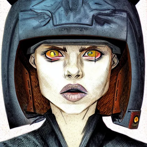 Image similar to portrait of girl wearing the sandman helmet, in the style of enki bilal and dave mckean