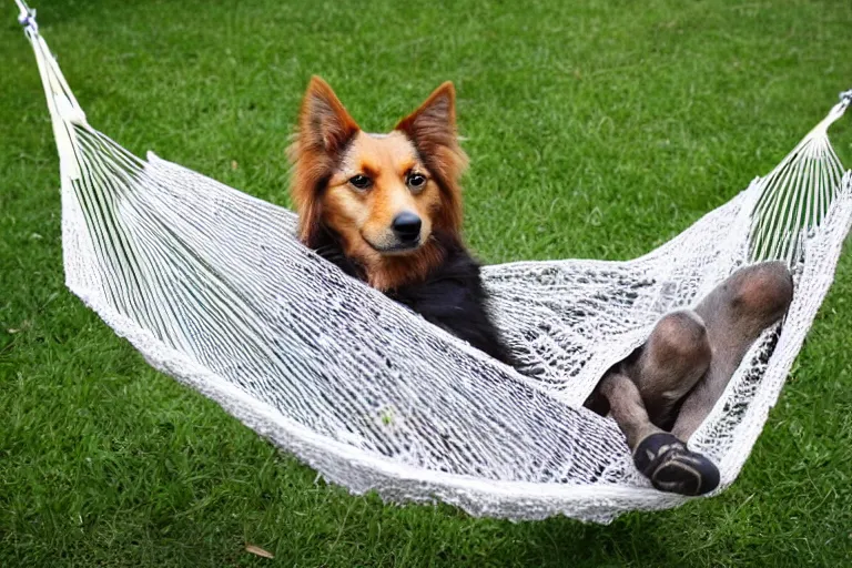 Prompt: a dog resting in the hammock