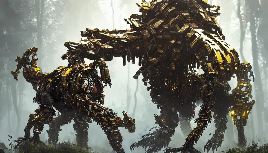 Prompt: walking animal mech covered in gold and silver armor, horizon zero dawn aesthetic, covered in moss and birds, glowing lights, beautiful forests and trees, intricate detail, epic wallpaper, art by John Park and Natasha Tan and Pablo Carpio and darek zabrocki and John Park, trending on artstation, masterpiece.