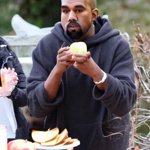 Image similar to bald kanye west eating apple pie on thanksgiving