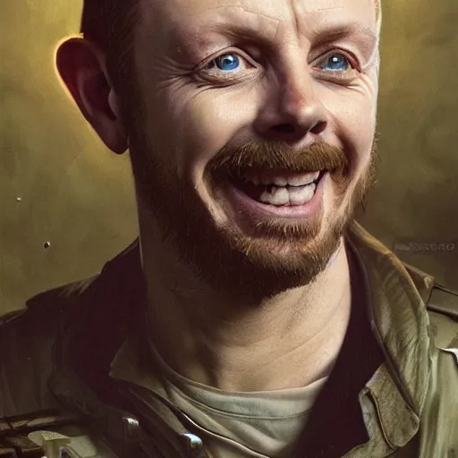 Prompt: portrait painting of smiling simon pegg with a rifle, ultra realistic, concept art, intricate details, eerie, highly detailed, photorealistic, octane render, 8 k, unreal engine. art by artgerm and greg rutkowski and alphonse mucha