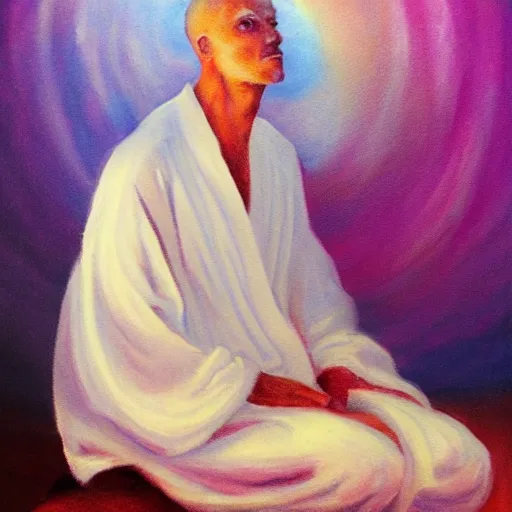 Prompt: A painting of a figure in a white robe, with a glowing aura and a peaceful expression, in a ethereal style.