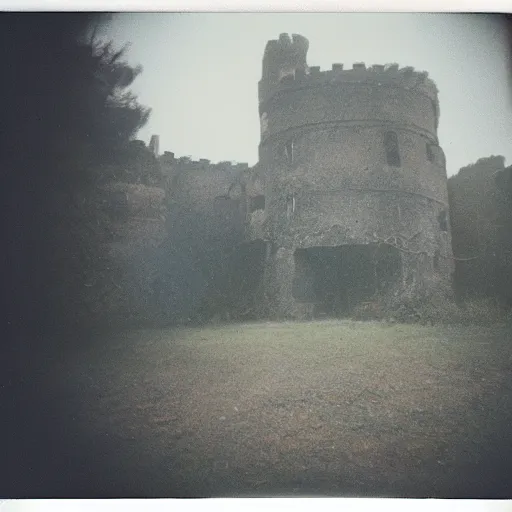 Image similar to you are lost in an old abandoned castle, hard to breathe, polaroid, laminal space, foggy