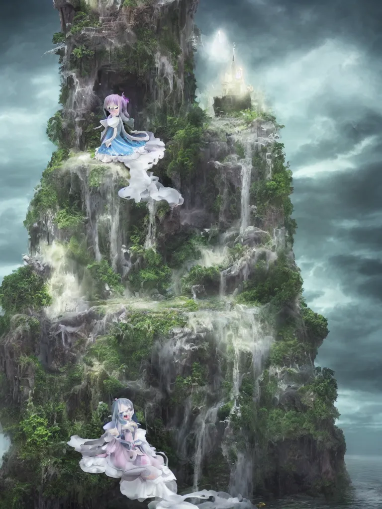 Prompt: cute fumo plush of a princess girl in a tower on a tiny island which she lays sole claim to, selfish empress of the abyss, tempestuous waters and thunderclouds, waterfall, wisps of volumetric smoke and fog, gothic wraith maiden in tattered white dress, floating island, vignette, vray