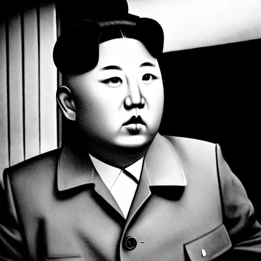 Image similar to araki nobuyoshi style photography of realistic detailed north korean kim chen with detailed face smoking reviewing detailed weed bush in detailed basement bedroom ultraviolet light