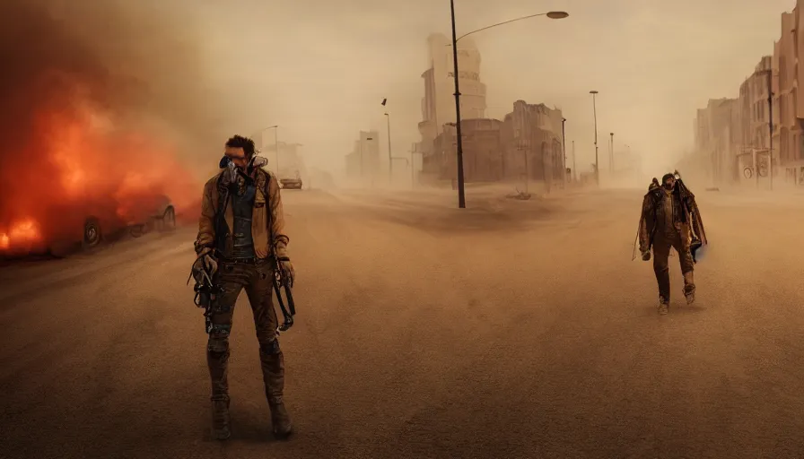 Image similar to man in jacket and shotgun crossing london's street in mad max, smoke bombs, sandstorm, sand dunes, hyperdetailed, artstation, cgsociety, 8 k