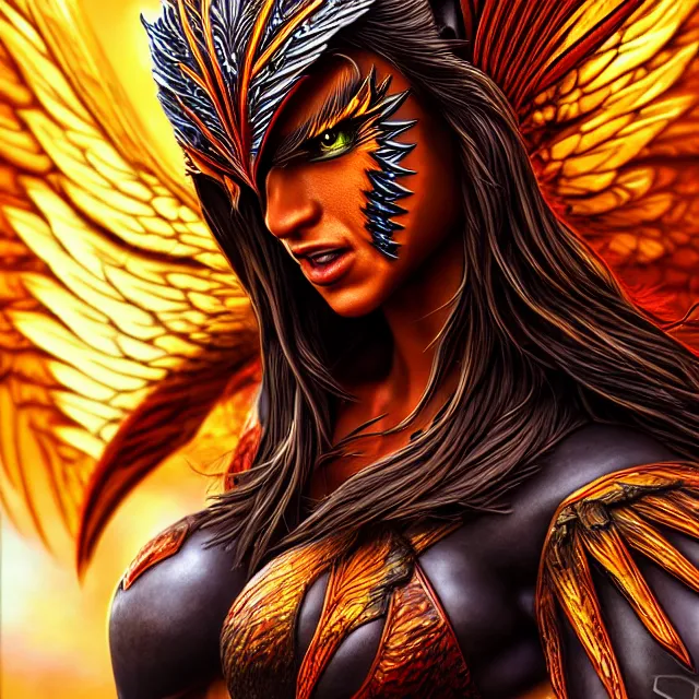 Image similar to phoenix warrior, artgerm, highly detailed, 8 k, hdr, close up, smooth, sharp focus, high resolution, award - winning photo