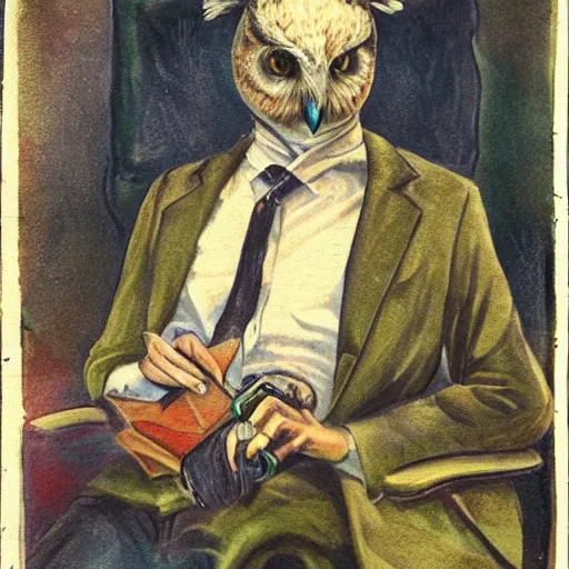 Prompt: an owl man sitting on a couch smoking a pipe, realistic