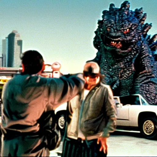Prompt: a film still of Godzilla in Fear and Loathing in Las Vegas (1998)