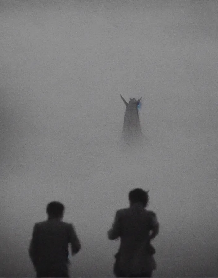 Image similar to very low - resolution found footage of a couple escaping pyongyang from a starfish kaiju monster, fog, foggy, korean film noir, monochrome, red hue, thriller, underdeveloped, epic, dramatic