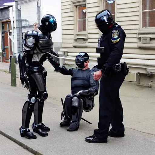 Prompt: robocop arresting british person, detailed facial expression