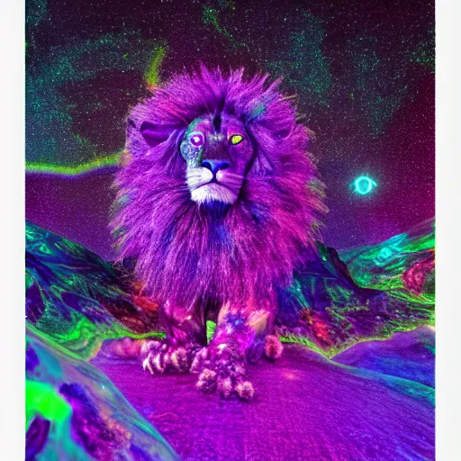 Image similar to a purple speckled lion - like creature, engulfed in twisting glowing iridescent alien flora, with strange rainbow alien flowers, dramatic, no margins, award - winning photography, realism