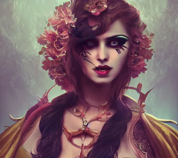 Prompt: beautiful female character inspired by venice carnival and pop art vampire bounty hunter | | digital artwork made by greg rutswork, anna dittmann and lois van barlee, symmetrical rim light, anatomically correct