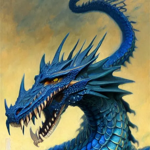 Image similar to a portrait of an anthromorphic blue dragon. highly detailed painting by gaston bussiere, craig mullins, j. c. leyendecker, furry