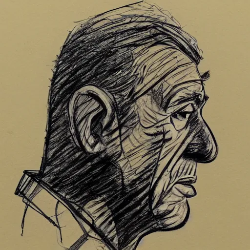 Prompt: a realistic yet scraggly portrait sketch of the side profile of a stern and sophisticated kramer, trending on artstation, intricate details, in the style of frank auerbach, in the style of sergio aragones, in the style of martin ansin, in the style of david aja, in the style of mattias adolfsson