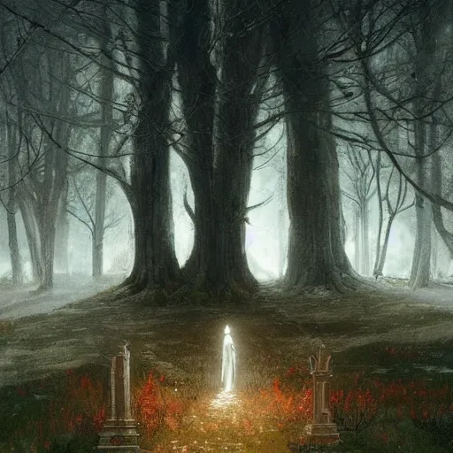 Image similar to The last Spirit living in the Cemetery by Greg Rutkowski and Caspar David Friedrich